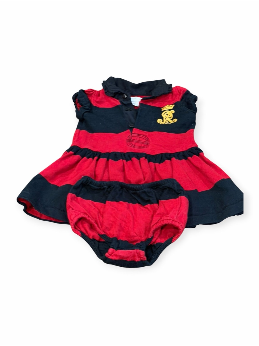 Ralph Lauren, Red and Black Striped Baby Dress with Bloomers, Size 6 months